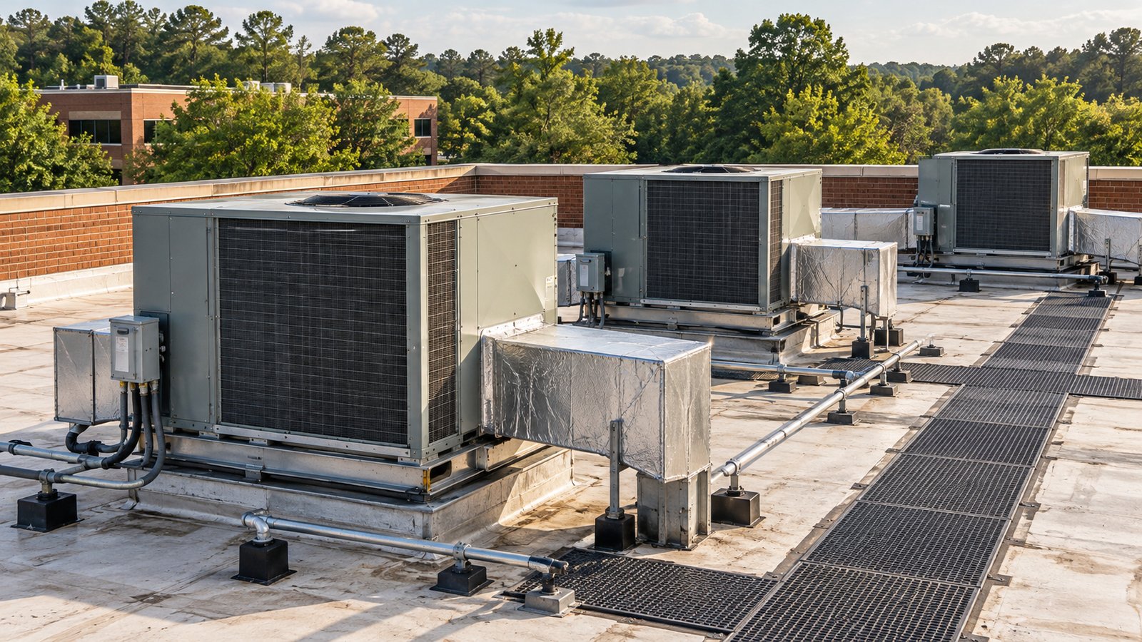 Packaged rooftop units on a low multi-tenant building in Johns Creek, with curbs, ductwork and a service walkway.